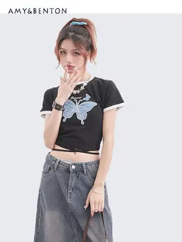 Coreano Casual Chica Caliente de la Mariposa de Bordado de Manga Corta T-shirt 2023 Verano Atado Slim Fit Gráfico Camisetas Crop Tops Y2k