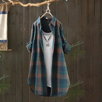 Super Suave de las Mujeres Camisa Elegante de la tela Escocesa de Impresión de Larga Camiseta de las Mujeres de Primavera-otoño de la Solapa de la Camisa con Bolsillo de Parche de un Solo pecho de Botones