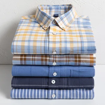 Moda 100% Algodón Color Puro manga larga Camisa de los Hombres más Fácil Para cuidar de Oxford Bolsillo de la Camisa a Cuadros de gran tamaño Botón de la Camisa