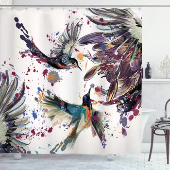 El colibrí de la Cortina de Ducha de Arte con Flores de Lirio Aves Toques de Colores En Acuarela Estilo de la Pintura de la Tela de Decoración cuarto de Baño con Set