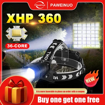 Más reciente XHP360 Faro 18650 Recargable USB 4 Modo de Iluminación de Alta Potencia de la Cabeza de la Linterna Zoomable LED Faro Faro de Pesca