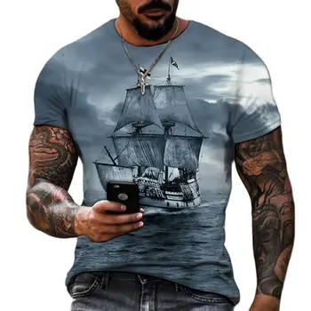 De verano los Hombres de la Nave camisetas Impreso en 3D Tripulación de un Buque de Cuello de Manga Corta Camiseta De los Hombres de gran tamaño Tops Fresco de la Camiseta shirt Homme