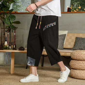 TPJB Japonés Ropa de cama de Algodón, Pantalones Harem, los Hombres de Verano Transpirable Ropa Recortada Pantalones para Hombres Casual Cintura Elástica Pantalones de Fitness