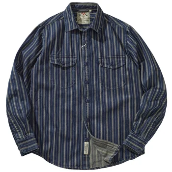 Vintage raya vertical camisa de mezclilla con pesados Aimi de color caqui de la carga de lavado a la vieja camisa de los hombres de la capa
