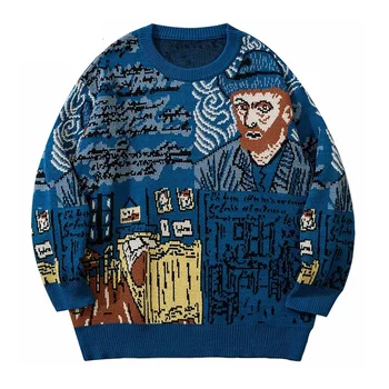 High Street Suéter De Punto De Los Hombres De Van Gogh Graffiti De Impresión Suéteres De Algodón Harajuku Suelto Collar De Jersey De Las Mujeres Ropa De Otoño