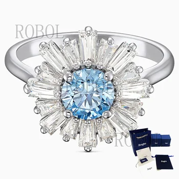 De alta calidad de lujo azul de girasol de las mujeres del anillo, la mejora de temperamento, bella y conmovedora, envío libre