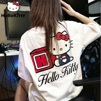 Sanrio Hello Kitty Lindo White T-shirt de la Mujer Nueva de corea del Y2k Streetwear Campus del Negro del Estilo Femenino Superior Oversize de los años 90 la Ropa de las Niñas