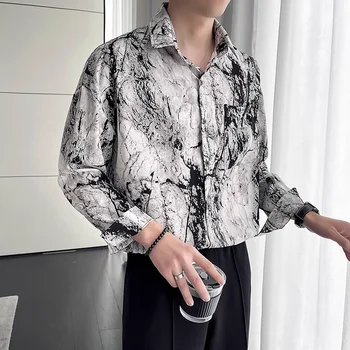 Otoño Nueva Moda de la impresión de Tinta Suelta de Manga Larga Camisas Para Hombres Ropa Partido Cómodo Casual Blusa Homme Camisas de Vestir