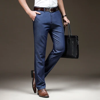 Verano Fino Transpirable Cintura Alta de los Hombres de Negocios Casual Pantalones de los Hombres Trabajan Muchas Piernas Clásico Azul Trausers Macho Más el Tamaño de 42
