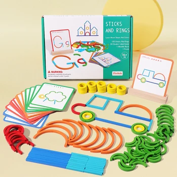 Los niños Montessori Rompecabezas de Madera 3D Juego de Rompecabezas de Tangram Palo y Forma de Anillo Coincidencia Geométrica Principios de Juguetes Educativos para Niños