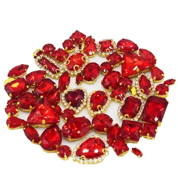 De brillante Oro Garra 50Pcs/Bolsa Roja Mezclada Forma de Coser de Cristal de diamante de imitación de Cristal de la Hebilla para el Vestido de Boda DIY Uñas Decoración de Zapatos