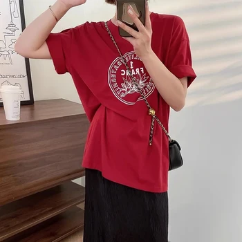 La edad de la Reducción de la Suelta Roja de Manga Corta T-Shirt Para LAS Mujeres 2023 Nuevo Verano Occidentalizada de Longitud media Casual Top
