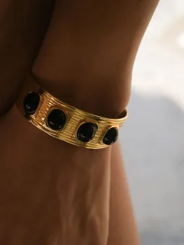 Ágata negro de ancho de brazalete abierto brazaletes para las mujeres de la vendimia gruesos brazaletes diseñador de nuevo en la joyería para el 2023