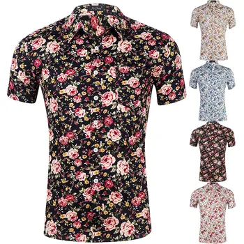 Los hombres de Verano de la Camisa Casual de Estilo Hawaiano Flor Impresa Camisa de Algodón de Manga Corta Camiseta Transpirable Casual Camisas Masculinas Ropa Hombr