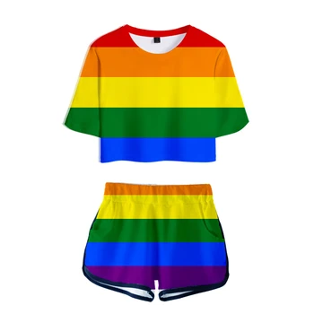 Libre LGBT encantadora conjuntos de Impresión de las mujeres de 2 piezas de Conjunto de Verano Sexy 'Crop Tops' +Cortos arco iris de Diseño de conjuntos