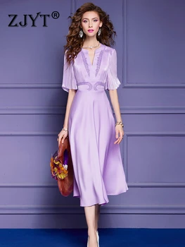 ZJYT Elegante Dama de Verano de Abalorios Midi Vestido Púrpura para las Mujeres 2023 Diseñador de Manga Corta Vestidos de Fiesta Sólido Simple en la Oficina Túnica