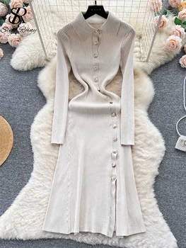 SINGREINY francés del Vintage de Punto Vestido Largo de Cobertura Botón del Cuello de la División de Diseño de 2023 Temperamento Otoño de las Mujeres Cálido Suéter Vestido