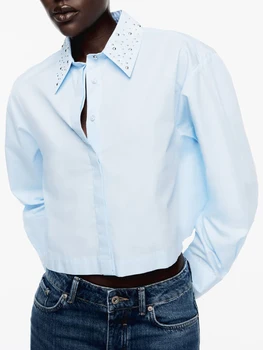Elegante Diseño de Remaches Blusas Para las Mujeres 2023 Con Bolsillo de Manga Larga Solo Pecho de la Mujer Camisetas de Otoño Casual Blusa Vintage
