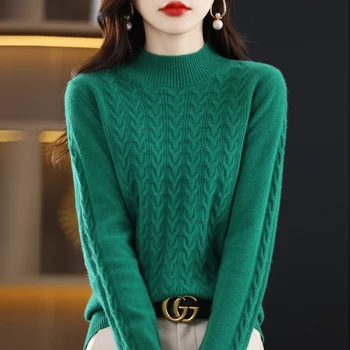 El otoño y el Invierno de las Nuevas Mujeres del Suéter de Lana 100% de la Cachemira Suéter de la Mitad de Cuello Alto de Punto de Jersey coreana de las Mujeres de la Moda de la parte Superior